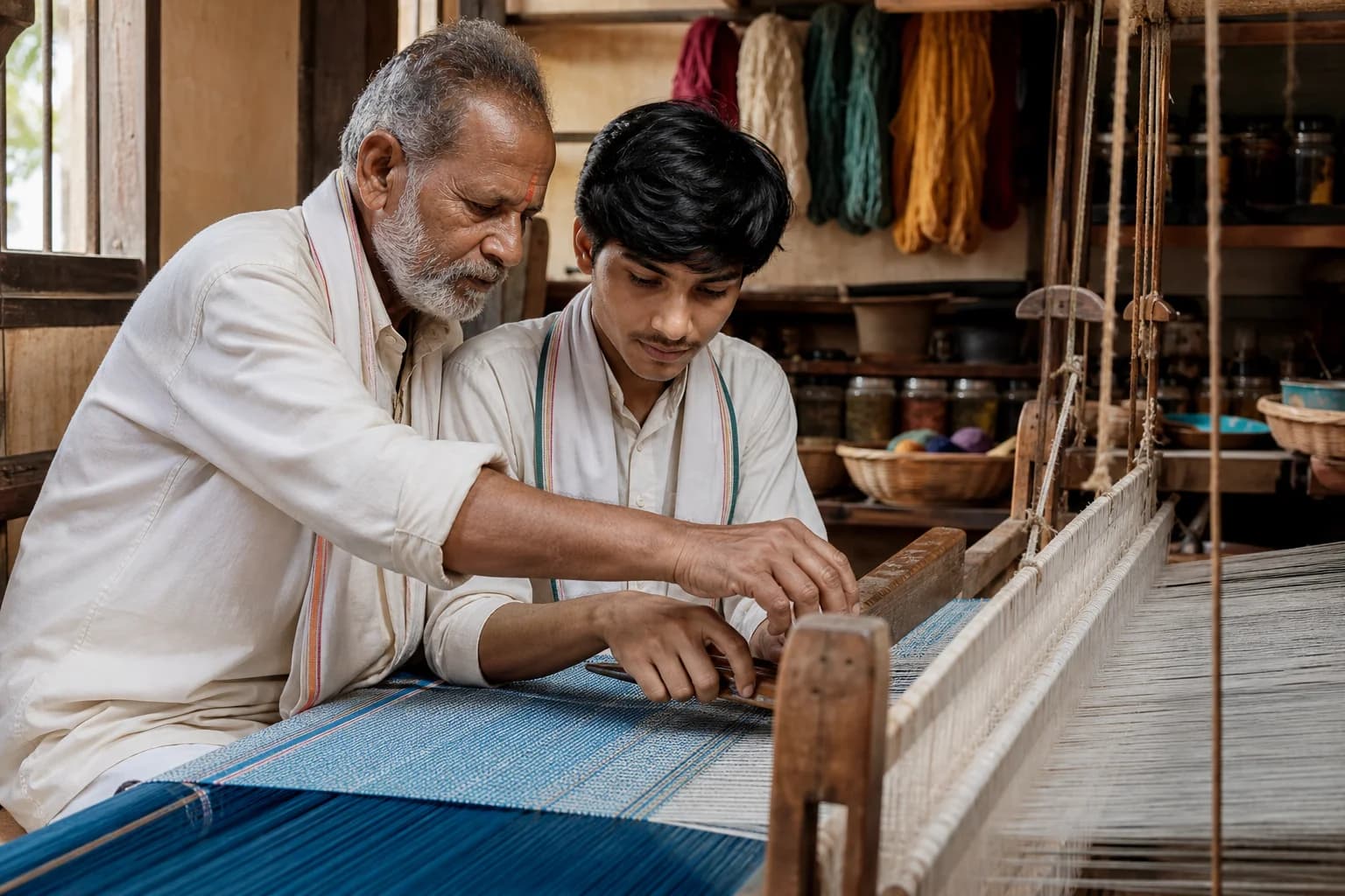 Master artisan teaching a young apprentice handloom weaving