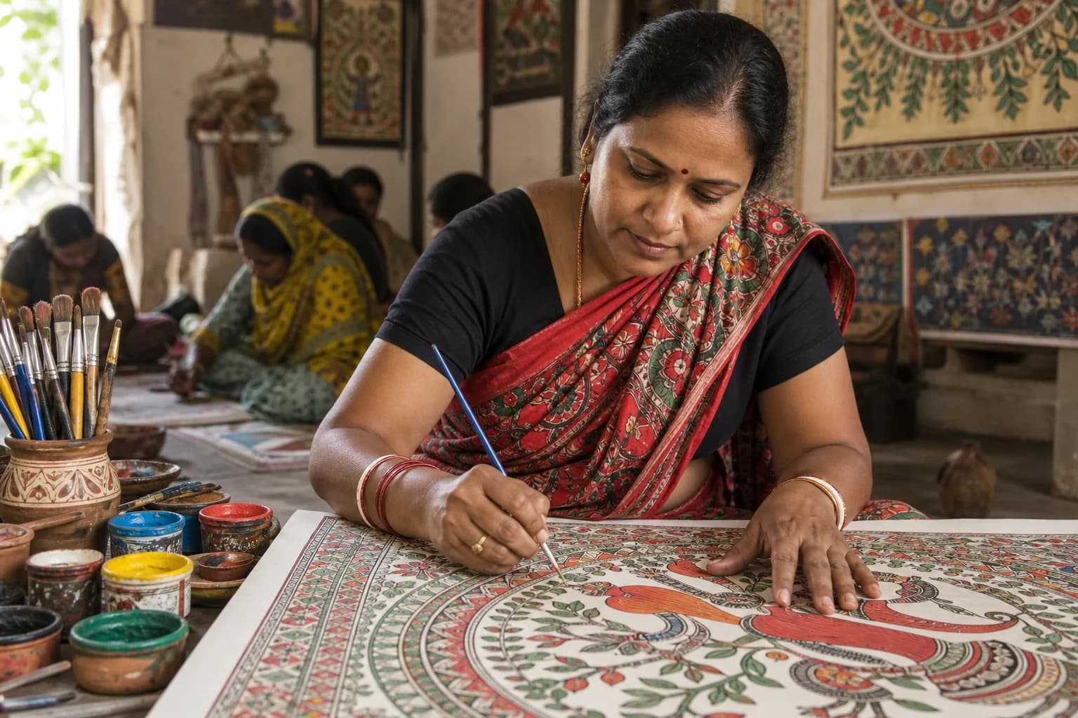 Indian woman artisan painting traditional folk art