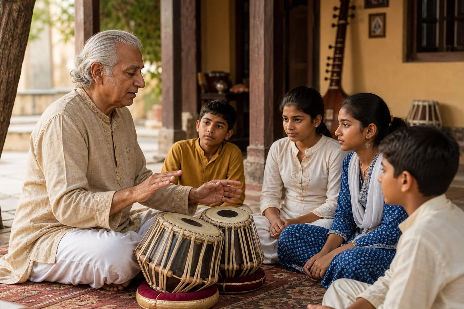 Young students learning classical music from an elder guru