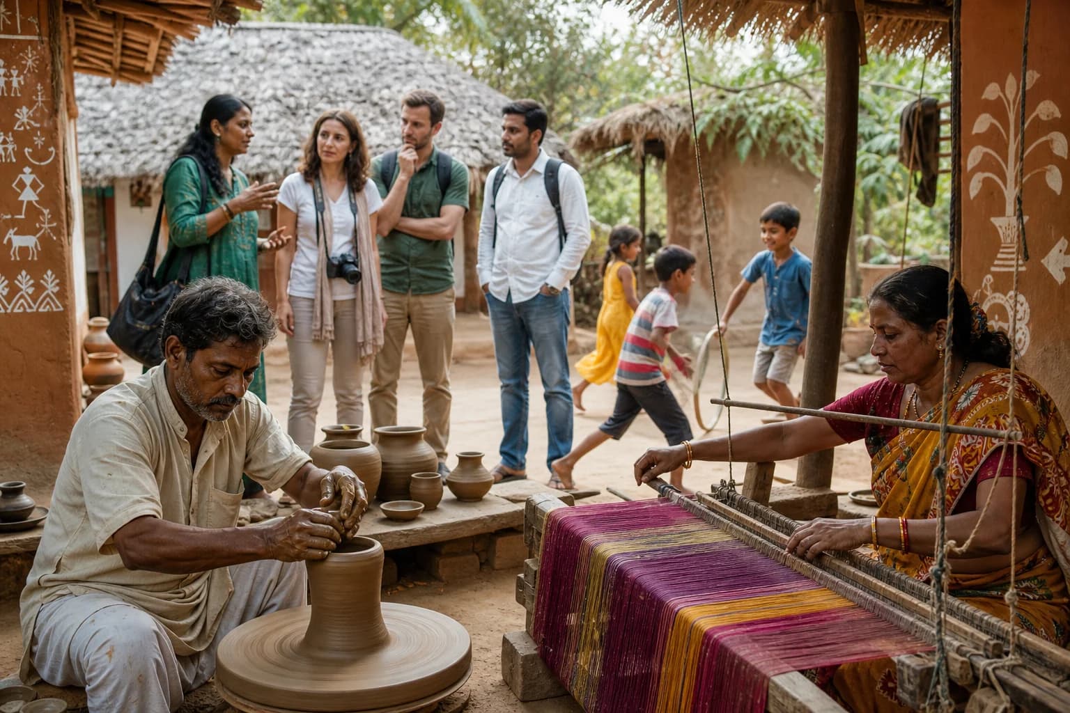 Community guides leading visitors through a living cultural village