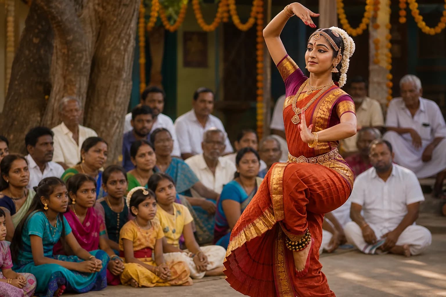 Bharatanatyam dancer performing at a community cultural gathering