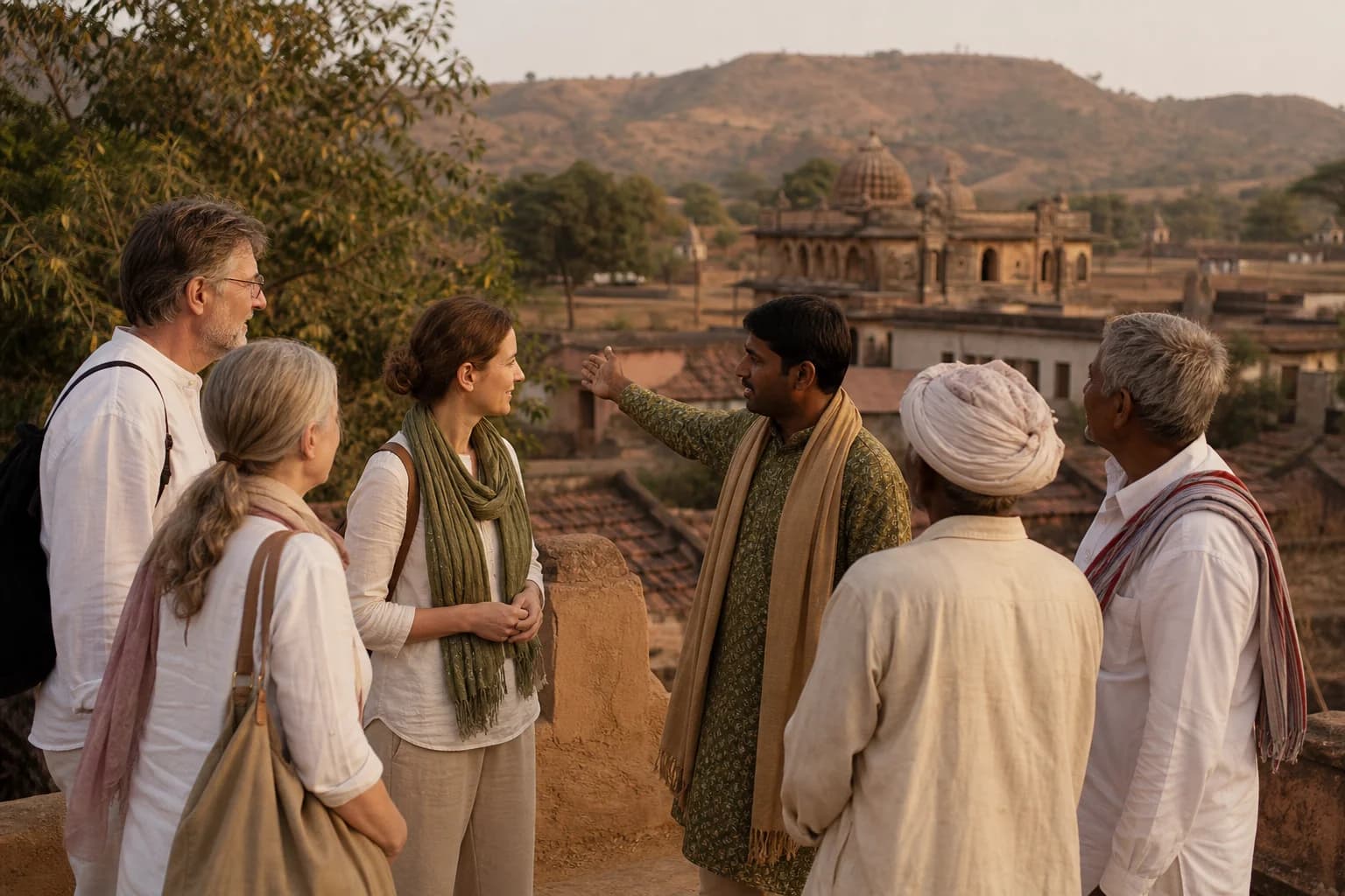 Travelers and a local guide meeting a community at golden hour
