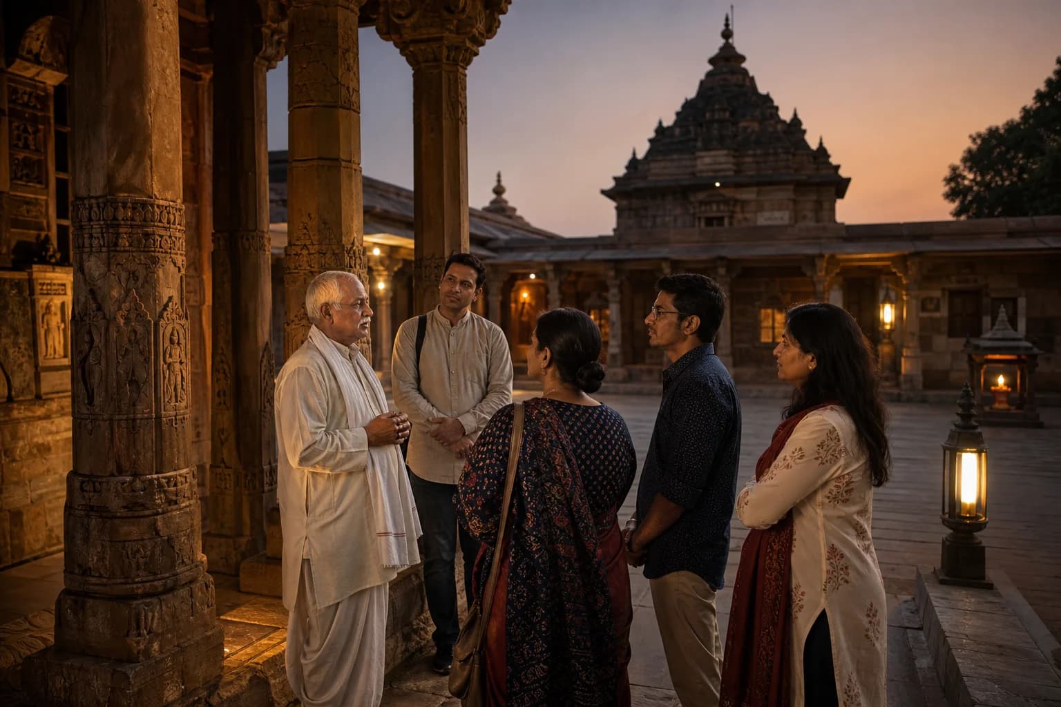Visitors and caretakers at a heritage temple courtyard
