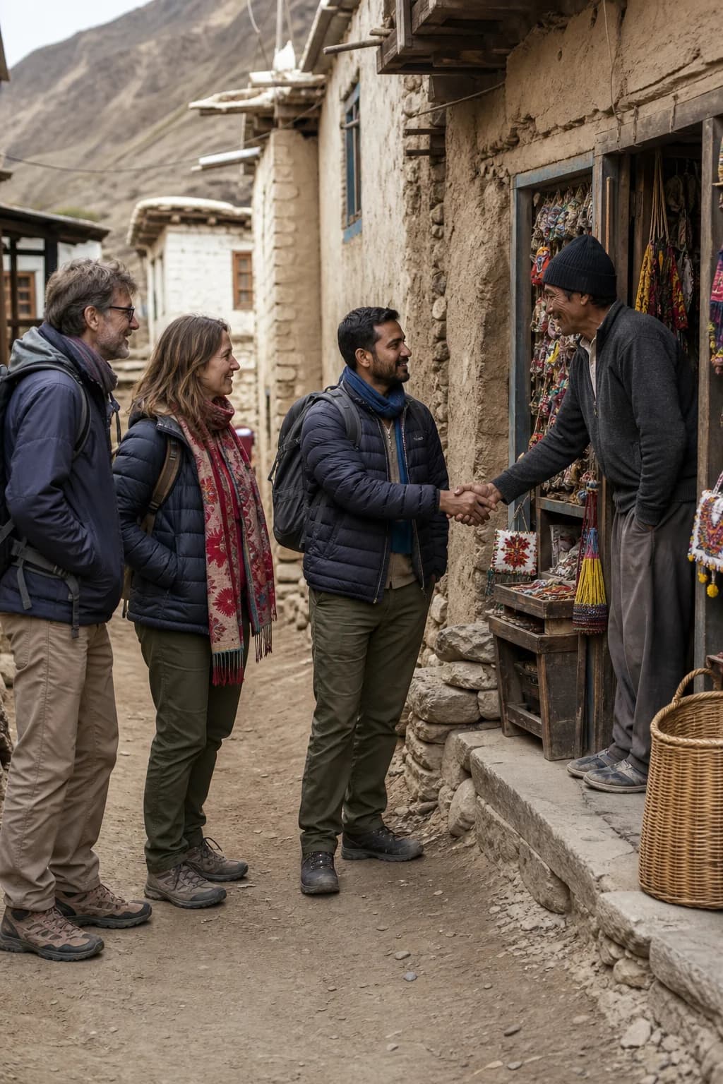 A local guide and travelers connecting with a village community
