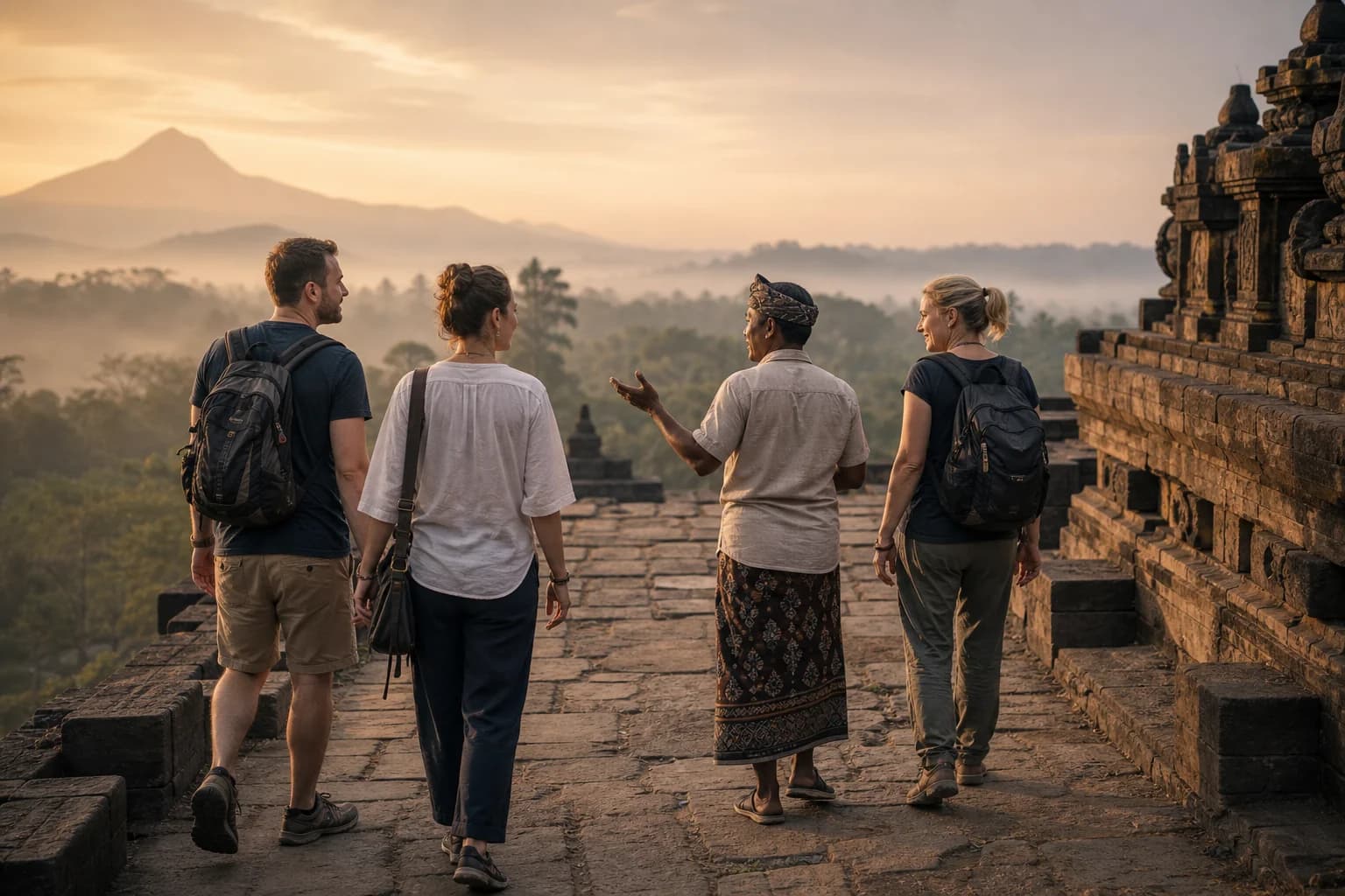 Travelers and a local guide on a shared heritage journey at sunrise