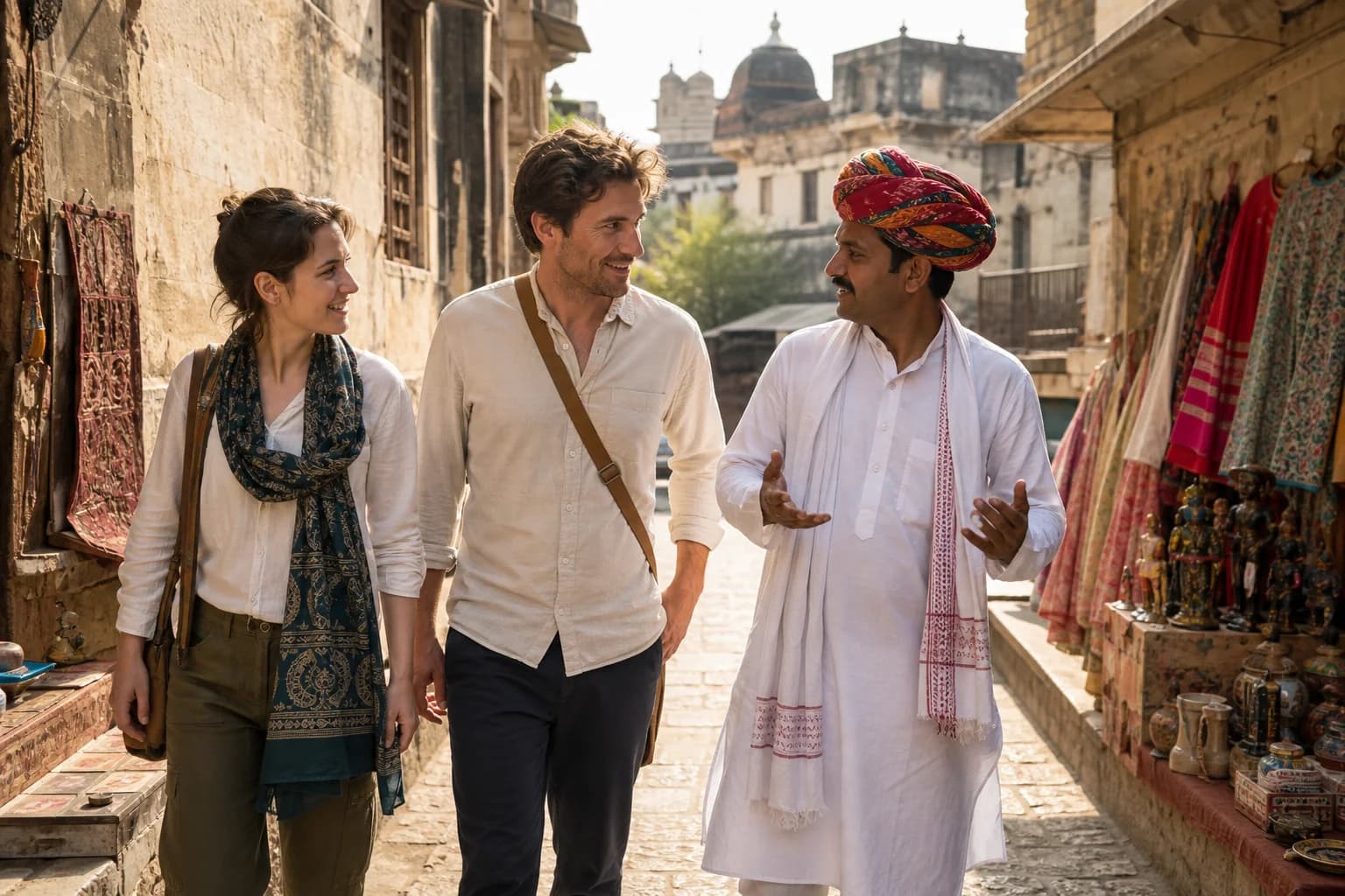 A local guide walking with travelers through a heritage village lane