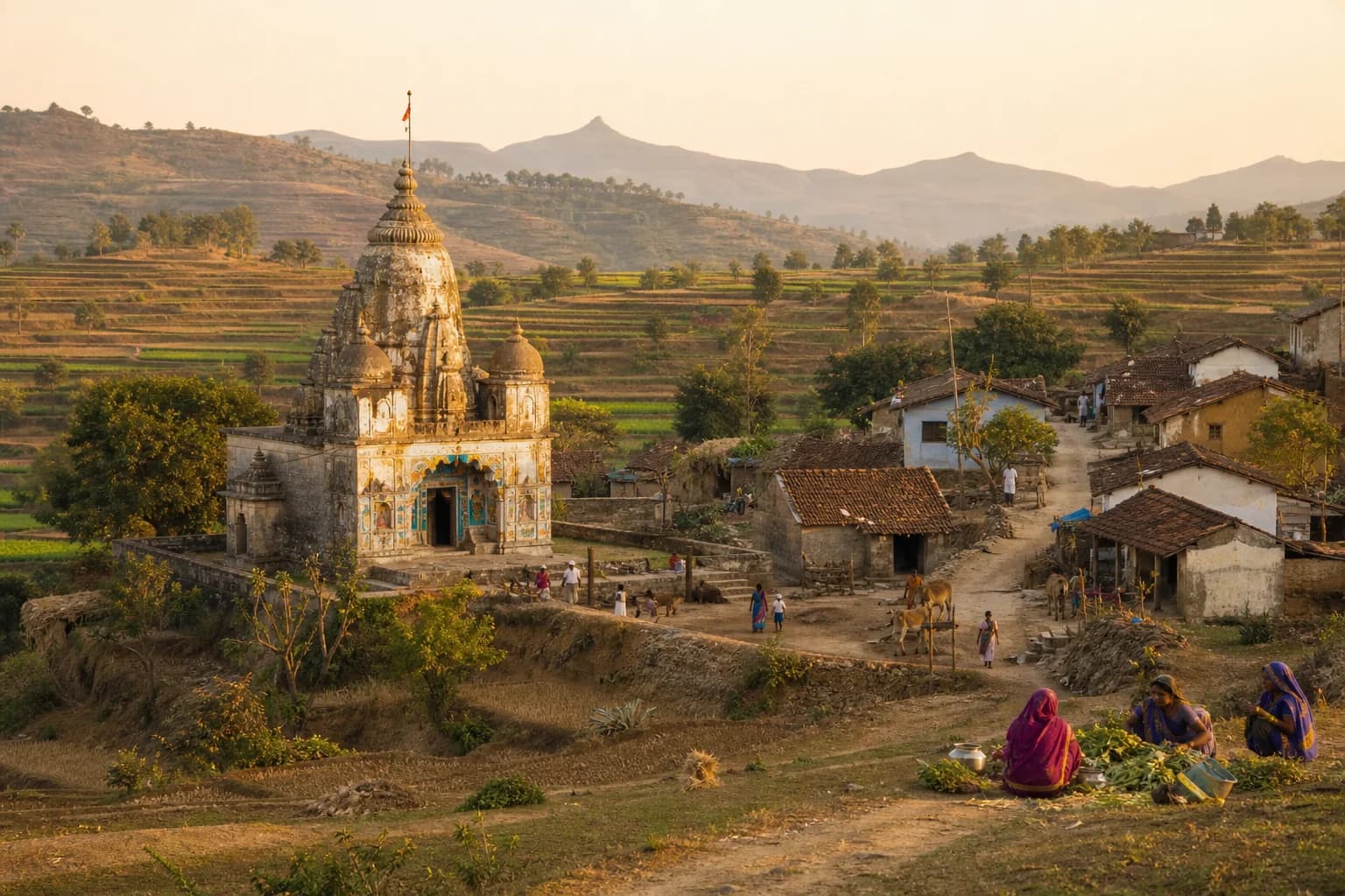 A village landscape at golden hour with a small temple and terraced fields