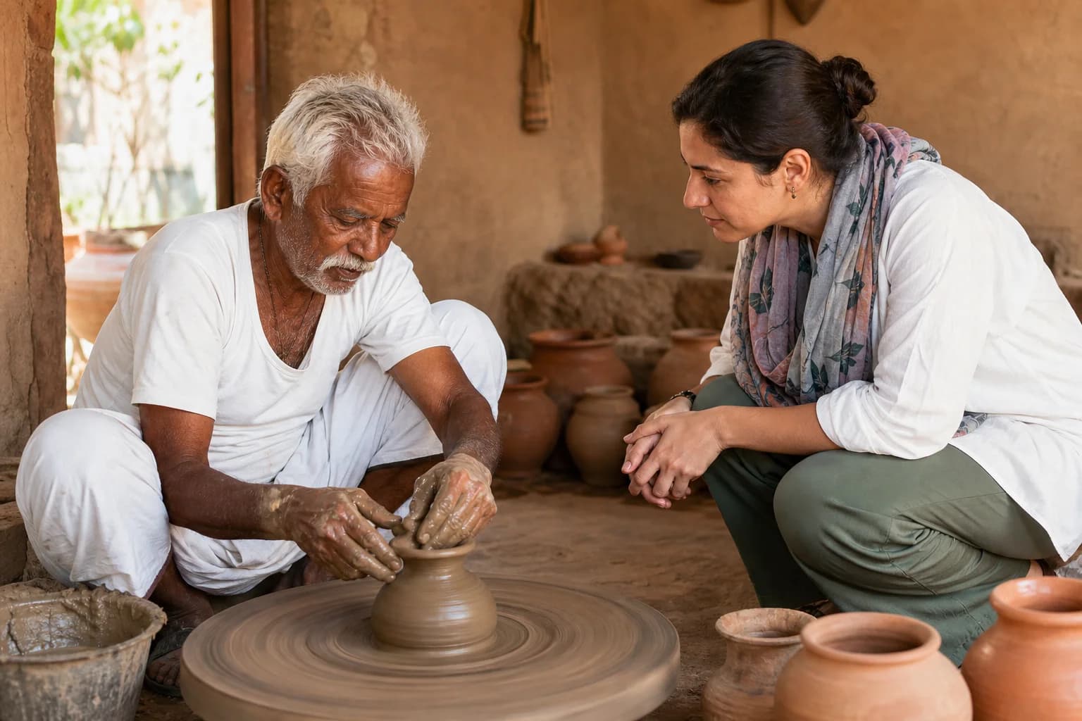 A potter demonstrating traditional craft to a visitor