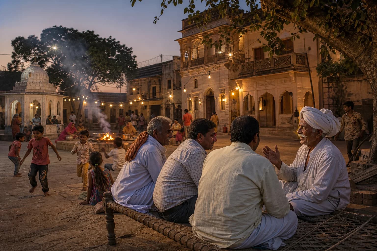 Travelers experiencing community life in a village square at dusk
