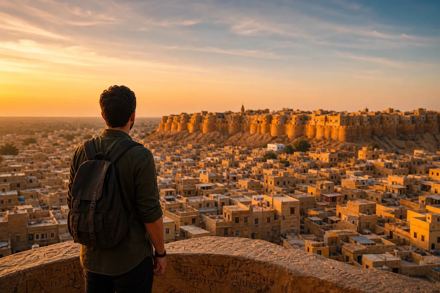 A traveler taking in a golden desert fort skyline at sunset in Rajasthan