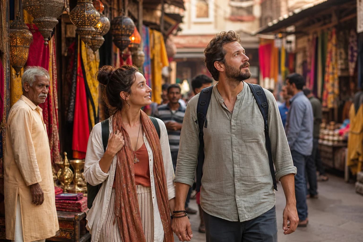 Travelers walking through a vibrant heritage bazaar street in India