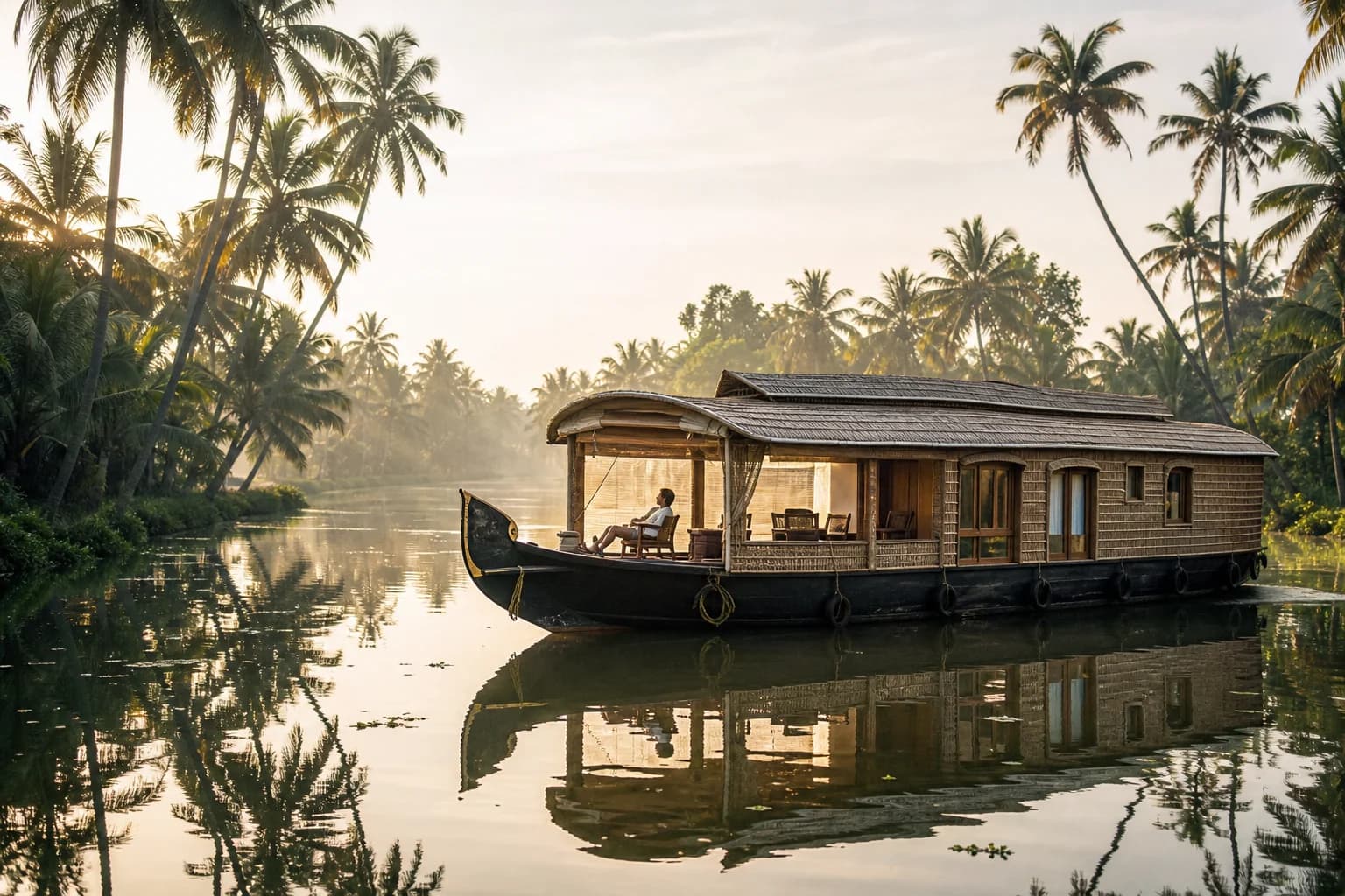 A traditional houseboat journey through the Kerala backwaters at dawn