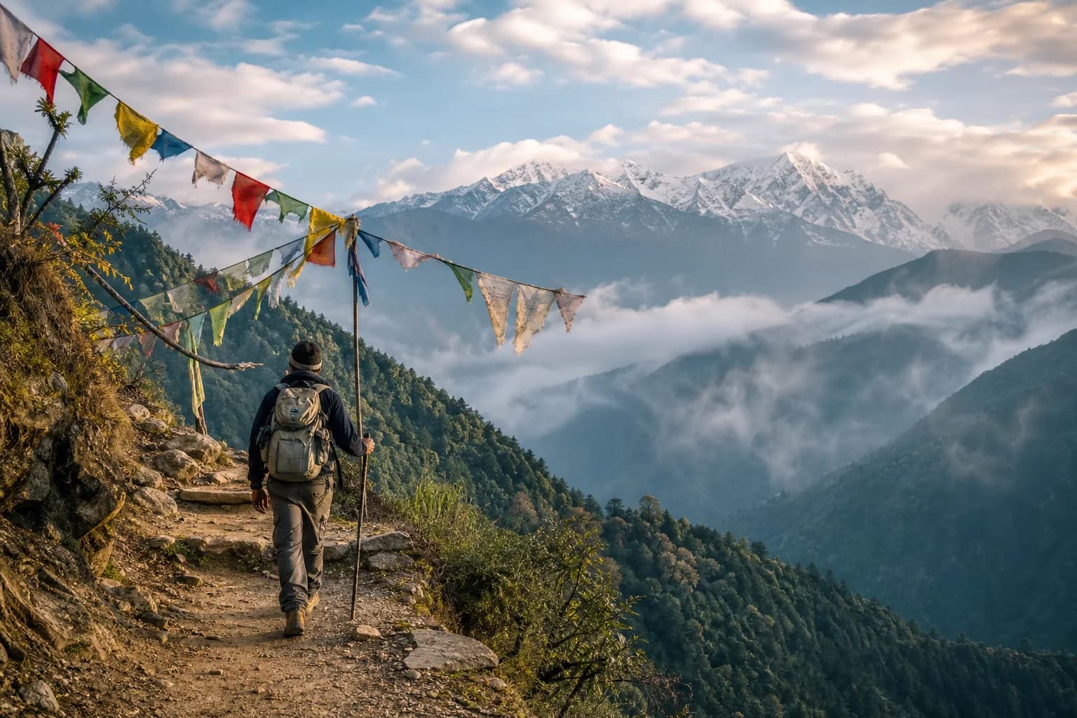 A traveler trekking a Himalayan foothill trail among prayer flags