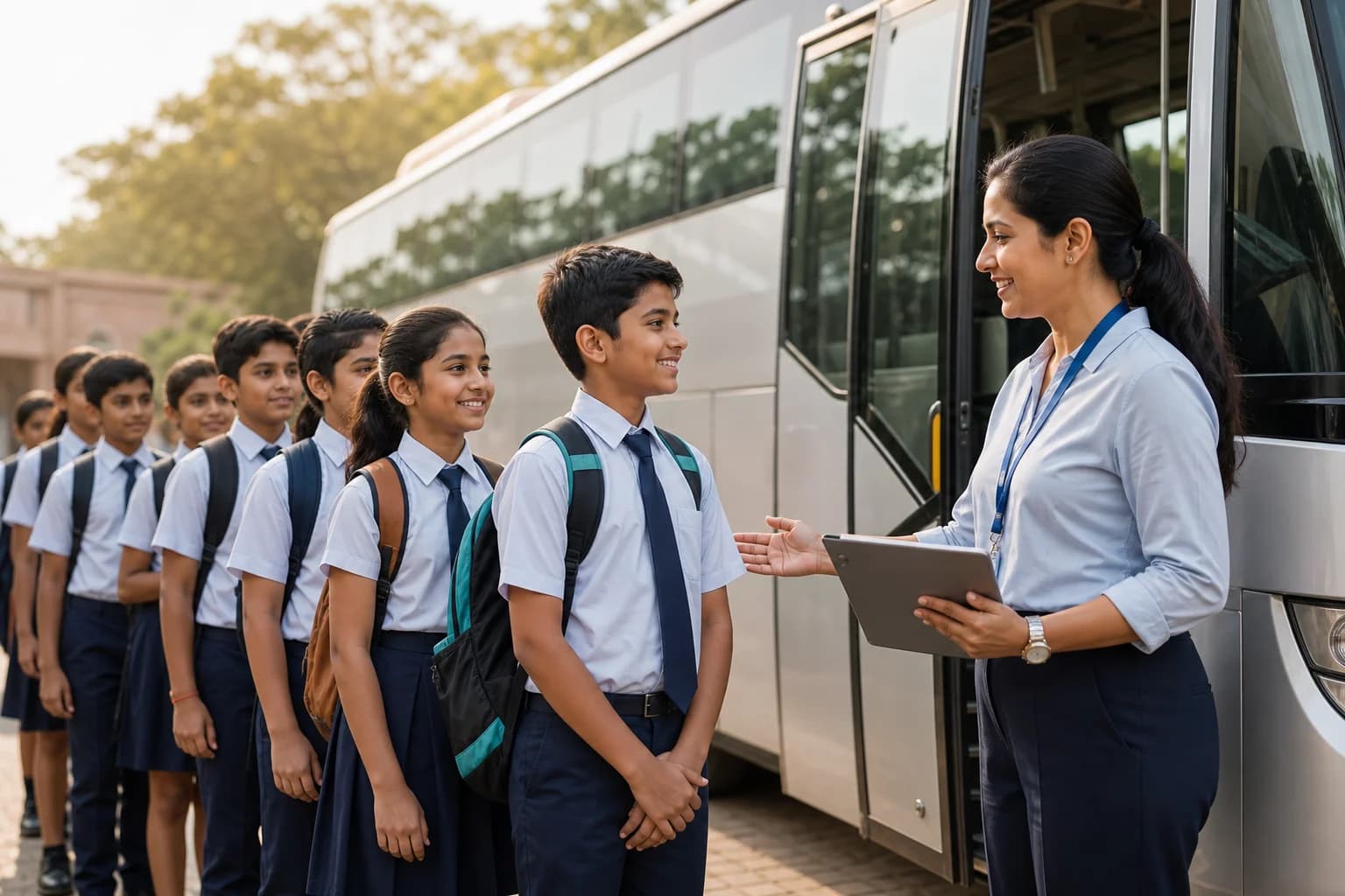 A programme coordinator guiding an orderly group of students beside their coach