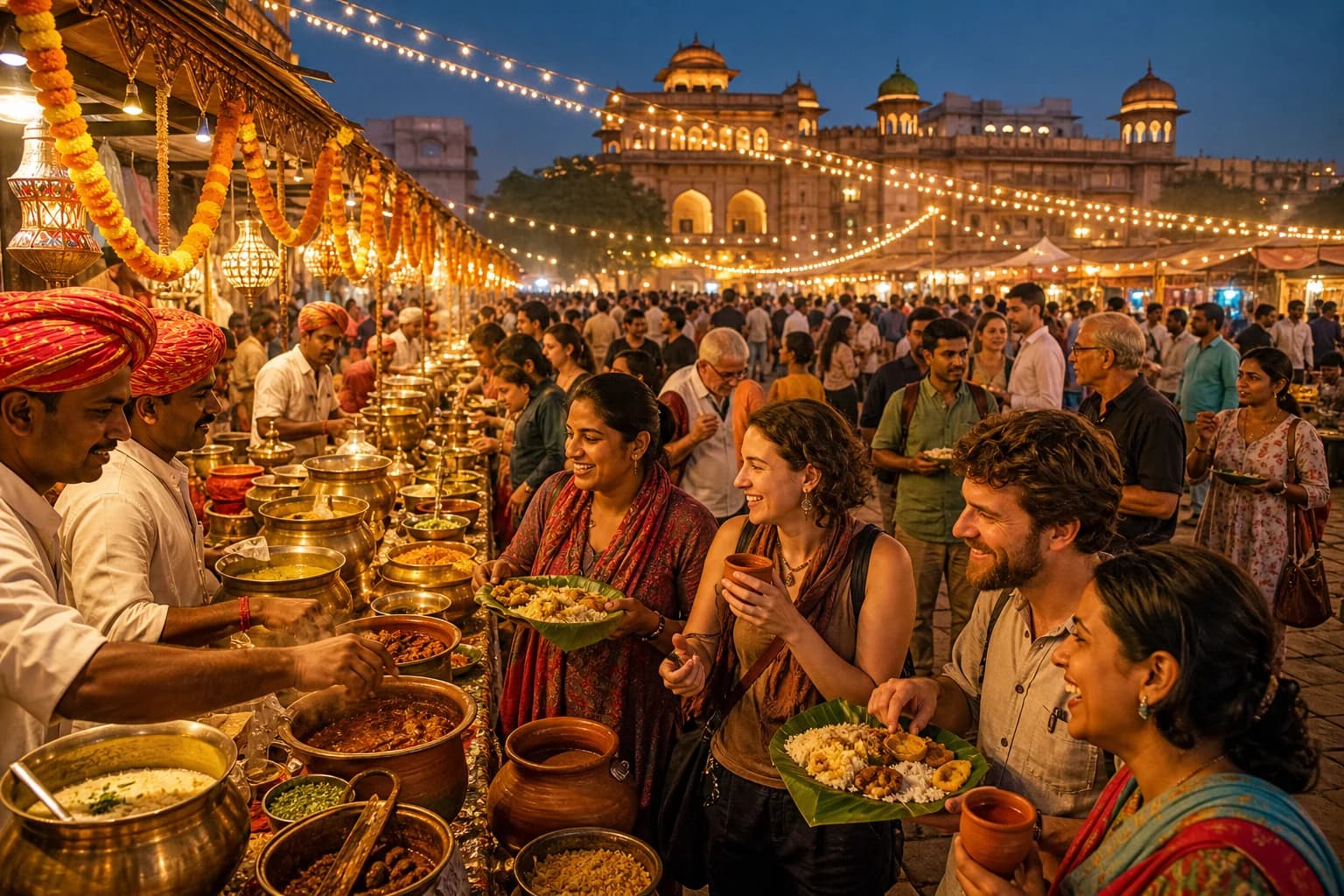 Diverse crowd of visitors from around the world enjoying a public traditional Indian food festival — Uddharsha Foundation