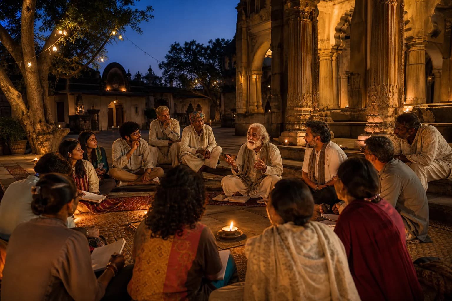 Cross-generational gathering in a historic courtyard at twilight — elders, scholars and observers in dialogue, Uddharsha Foundation