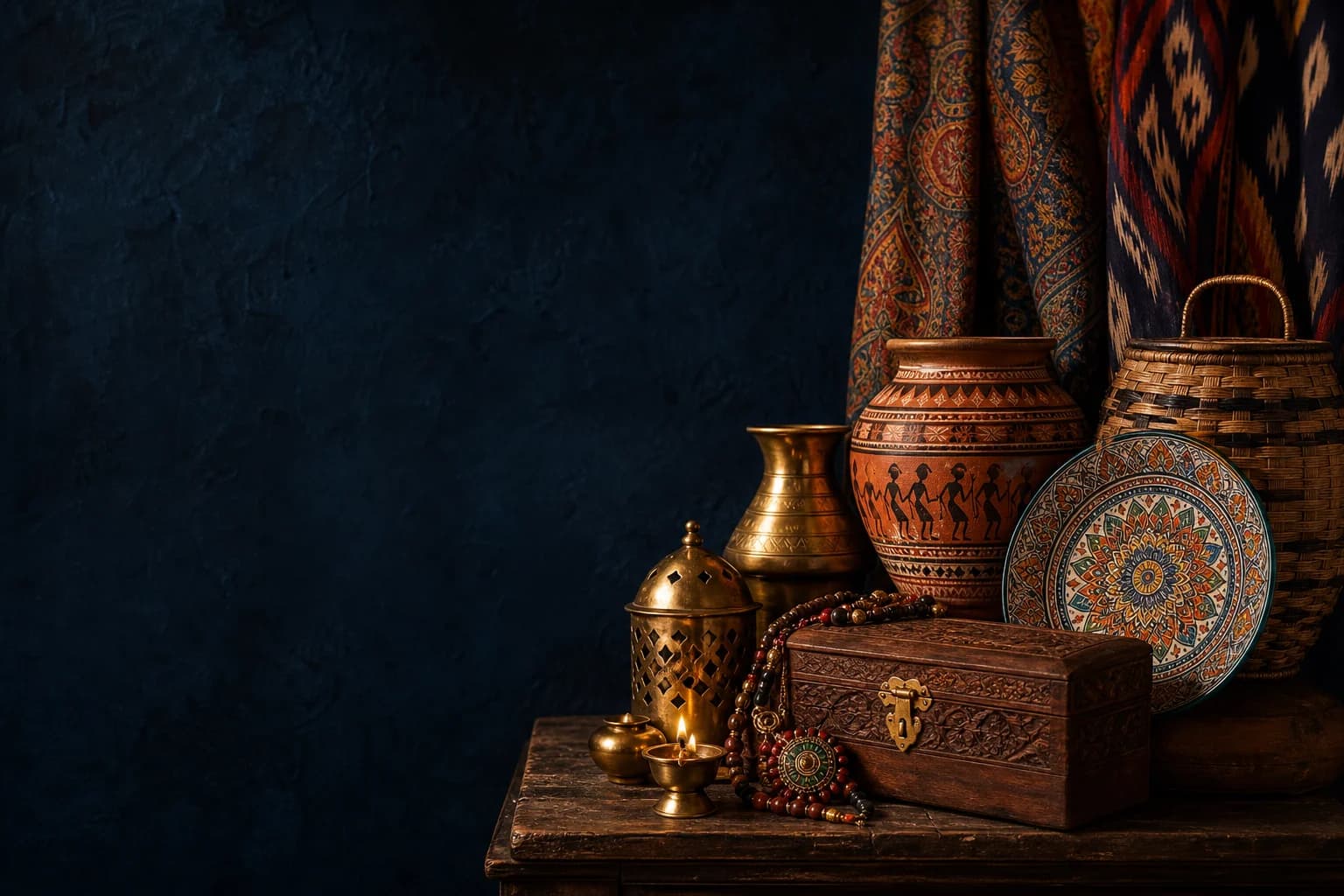 Authentic Indian handicrafts — terracotta, brass, handloom textiles and carved wood